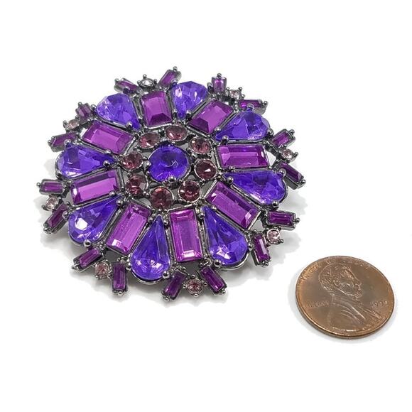 Snowflake Purple Rhinestones Gunmetal Gray Brooch, 2 1/4 Inches - Picture 4 of 6